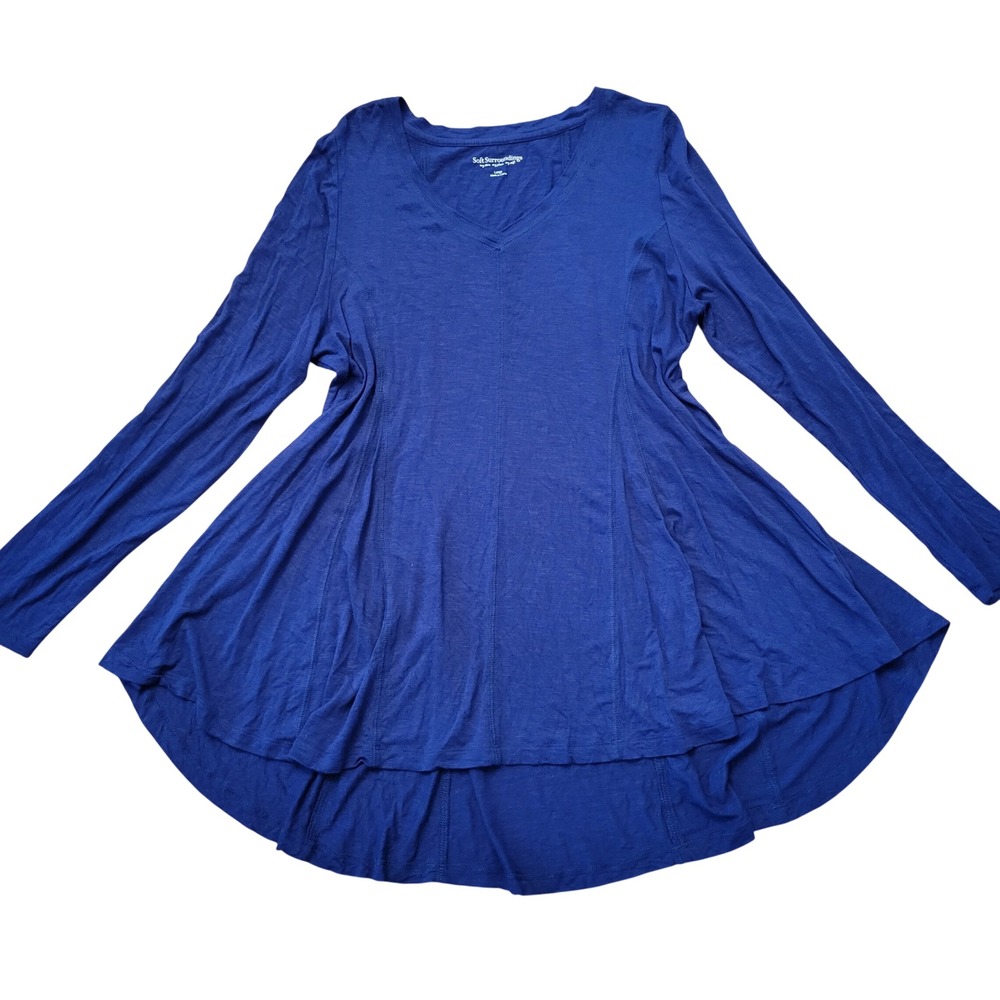 Soft Surroundings L Tunic Navy Blue Long Sleeve V Neck Flared Lagenlook Stretch